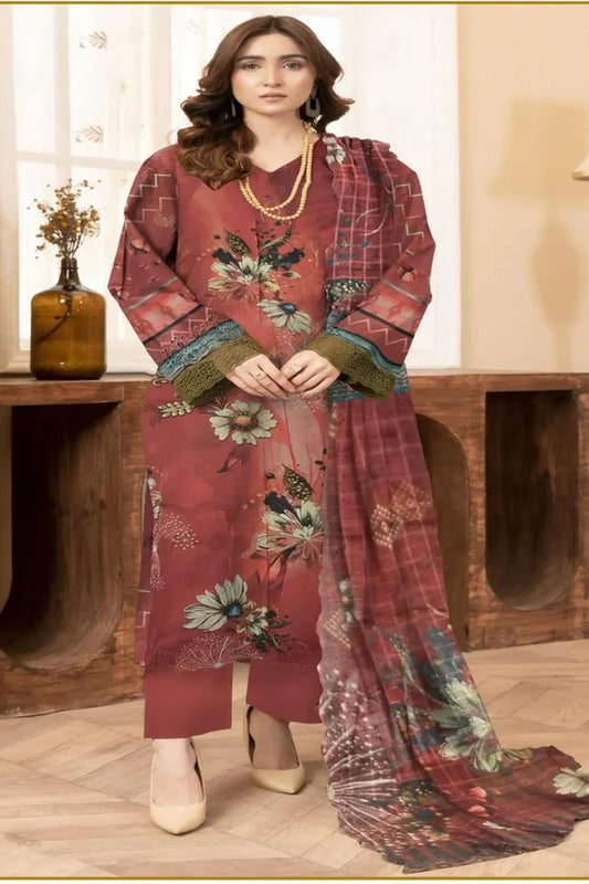 3-Piece Premium Maroon Floral Printed Lawn Suit(Unstitched)