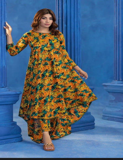 Orang 2PC Unstitched Orange & Green Printed Lawn Suit