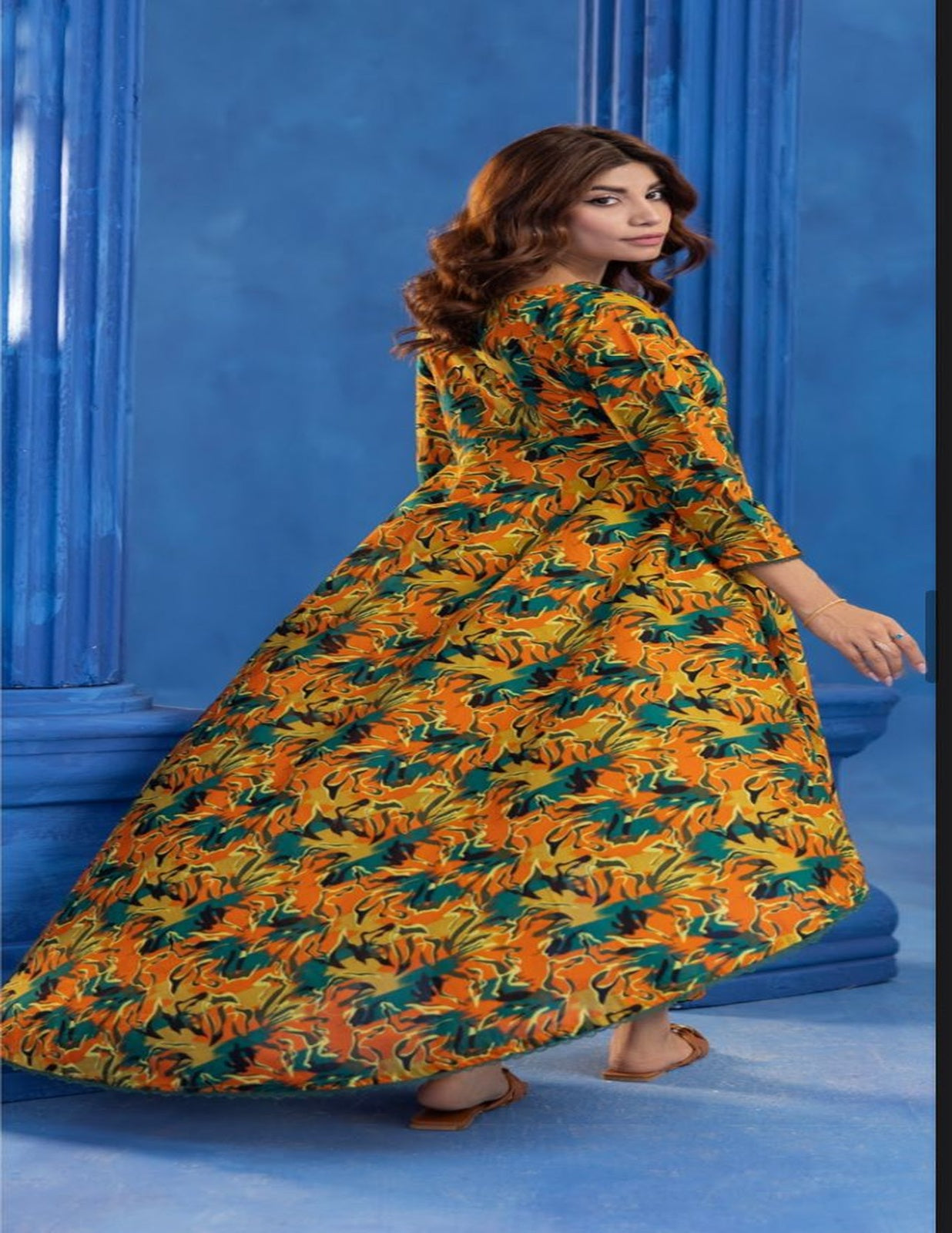 Orang 2PC Unstitched Orange & Green Printed Lawn Suit