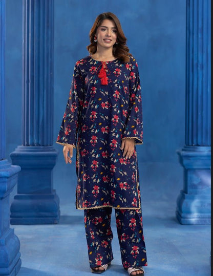 Orang 2PC Unstitched Navy Floral Printed Lawn Suit