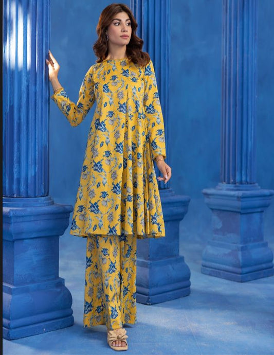 Orang 2PC Unstitched Yellow & Blue Floral Printed Lawn Suit