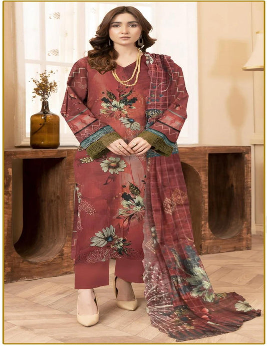 Premium Deep Maroon Floral Printed Lawn Suit (Unstitched) 3 Piece