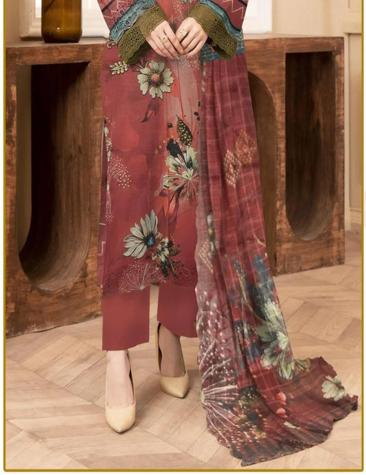 Premium Deep Maroon Floral Printed Lawn Suit (Unstitched) 3 Piece