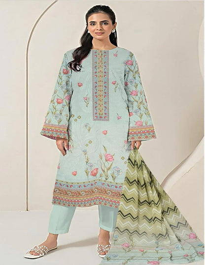 3-Piece Premium Mint Green Floral Printed Lawn Suit(Unstitched)