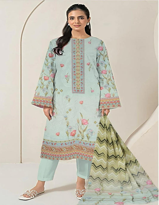 Premium Mint Green Floral Printed Bana Dora Lawn Suit (Unstitched)3pcs