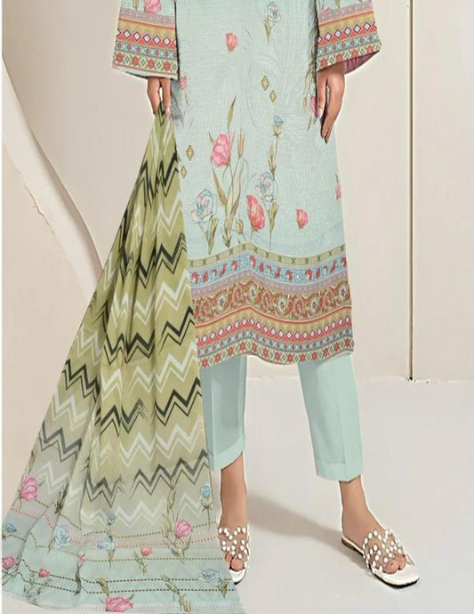 Premium Mint Green Floral Printed Bana Dora Lawn Suit (Unstitched)3pcs