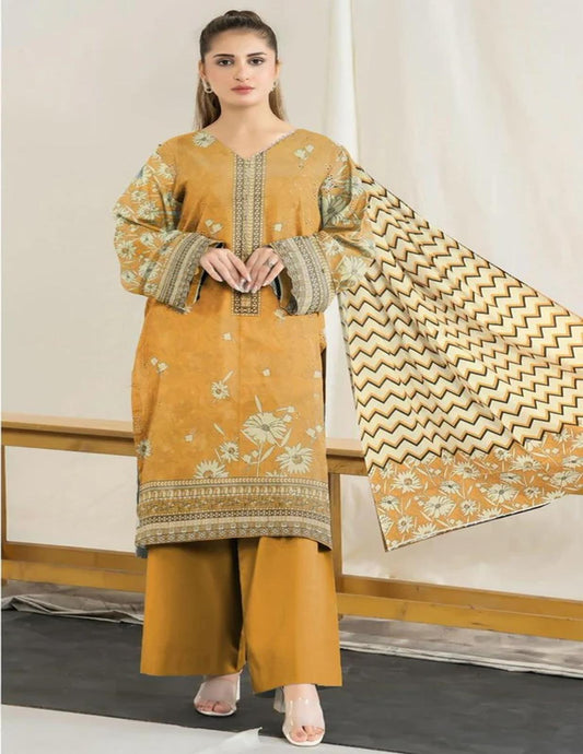 Mustard & Blue Floral Printed Lawn Suit Bana Dora Lawn(Unstitched)3 piece