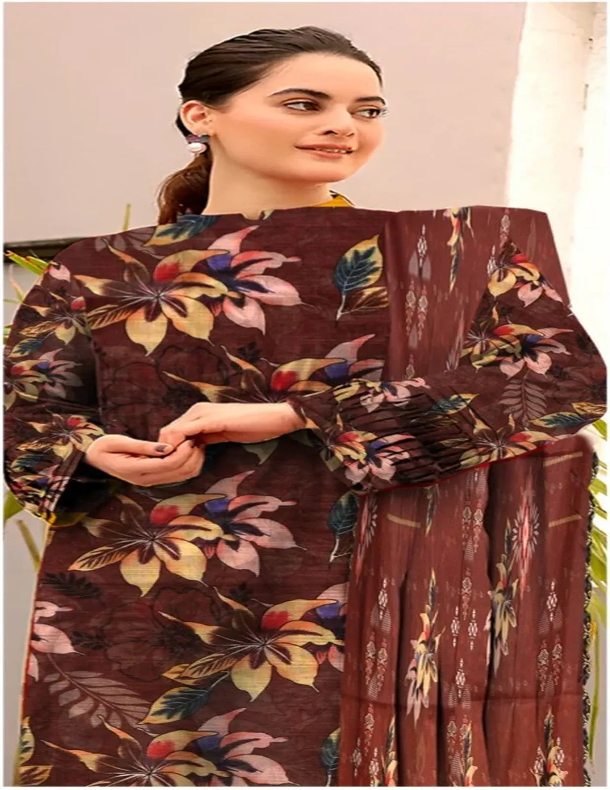 Maroon Lawn Bana Dora Suit with Multicolor Tropical Floral Print & Ethnic Dupatta (Unstitched) 3 piece