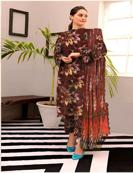 Maroon Lawn Bana Dora Suit with Multicolor Tropical Floral Print & Ethnic Dupatta (Unstitched) 3 piece