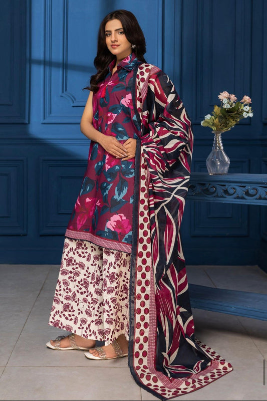 3-Piece Premium Maroon & Cream Unstitched Lawn Suit