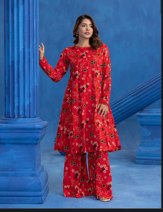 Orang Ruby Red Floral Print 2-Piece Unstitched Lawn Suit